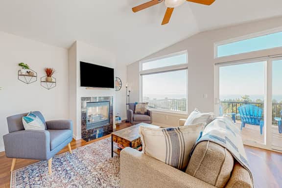 Spectacular ocean view home with fireplace and large decks dog friendly